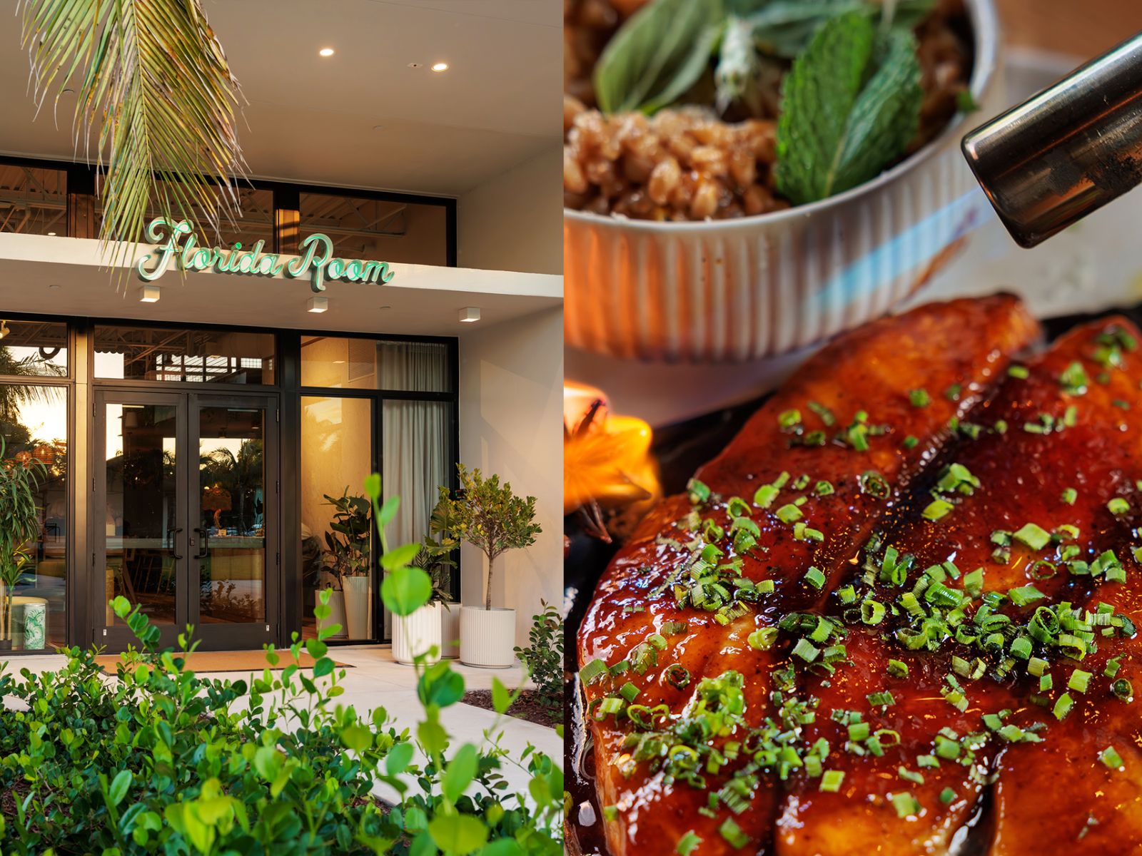 Florida Room restaurant entrance in Fort Lauderdale alongside a close-up of a glazed seafood dish